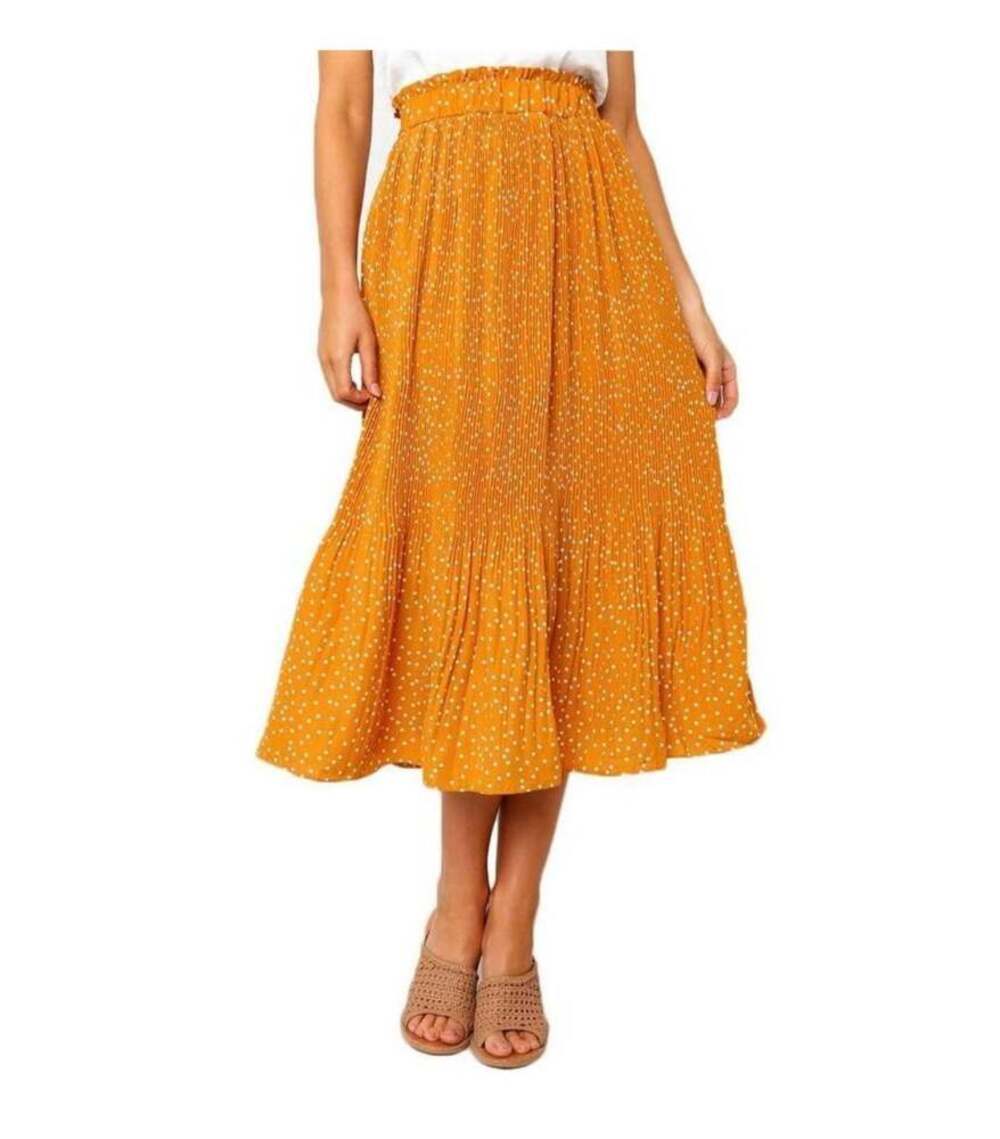 EXLURA Women's High Waist Mustard Yellow Polka Dot Pleated Midi Skirt w Pockets